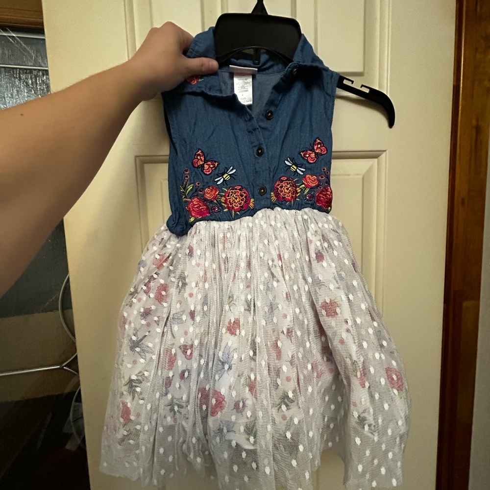 Little Lass Blue Chambray Bodice with White Floral Tulle Skirt